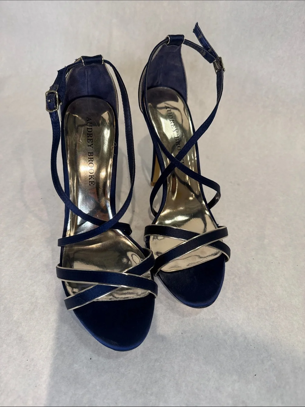 Audrey Brooke Navy Strappy High Heel Sandals with Metallic Footbed